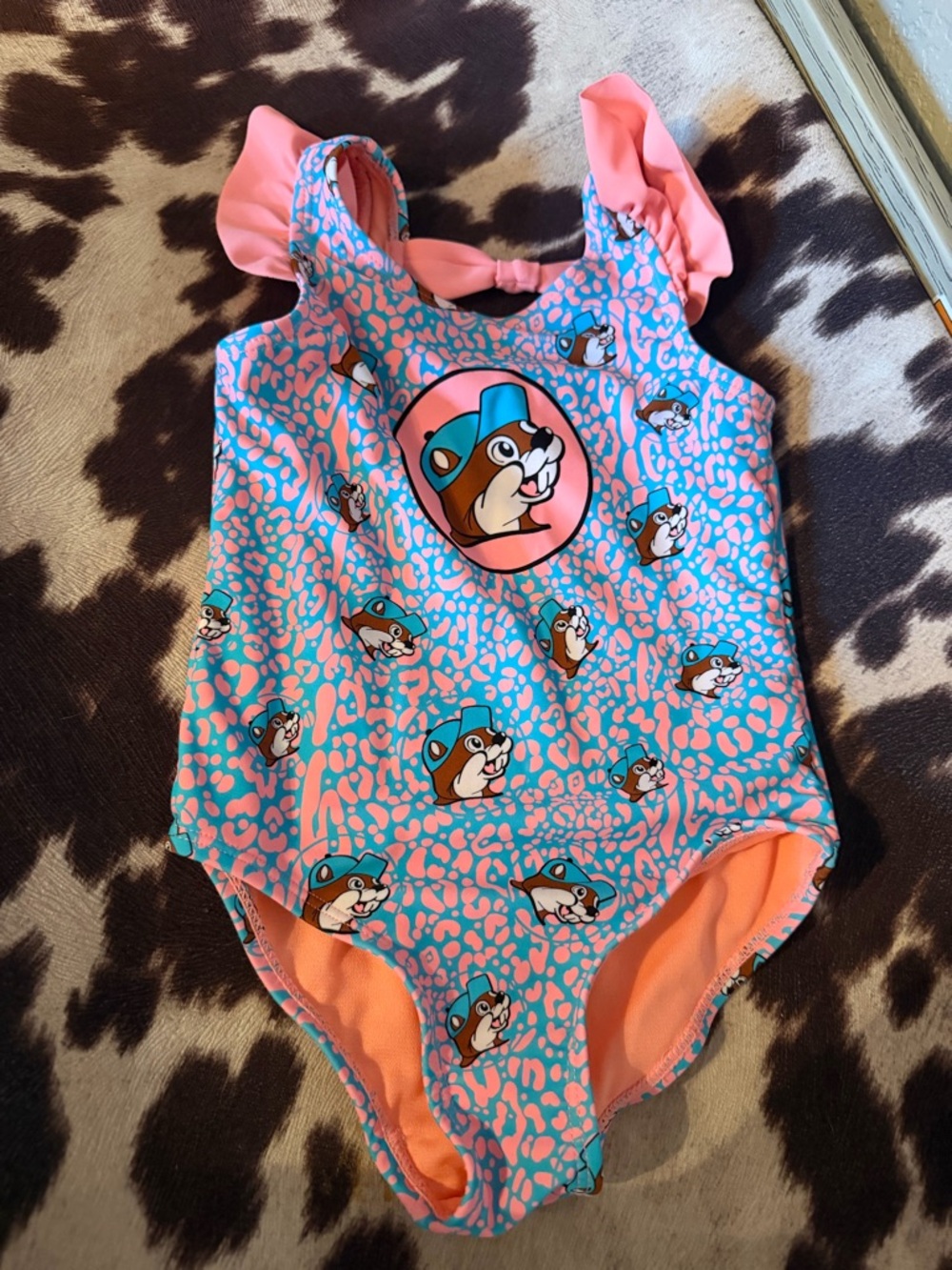 Kids One-Piece Swimsuit with Pink & Blue Cartoon Print